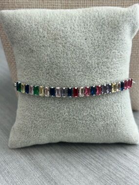 NWOT-18K White Gold Filled Rainbow Tennis Bracelet |Baguette CZ| Adjustable